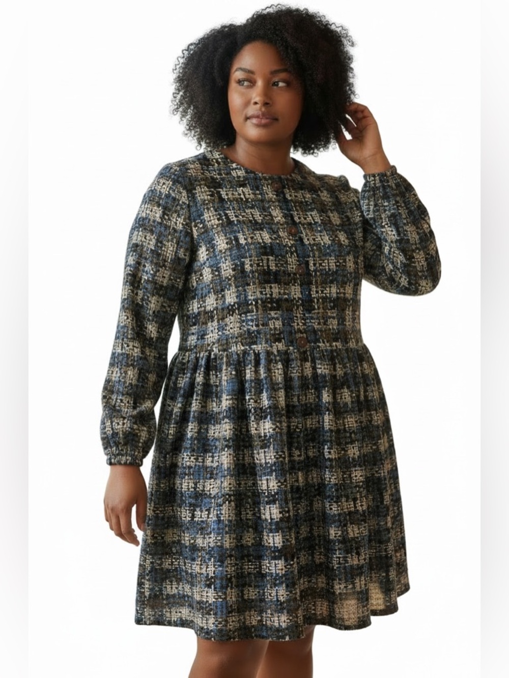Emma & Michele XL Boho Tiered Babydoll Dress Blue Brown Cream Long Sleeve